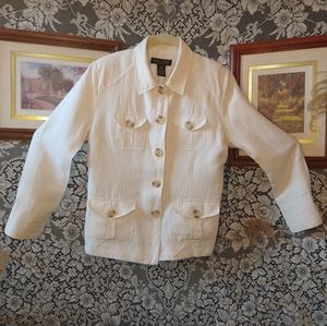 Dialogue cream off white silk linen blend lined jacket tortoise shell buttons